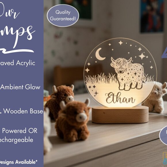 Highland Cow Night Light – Personalized LED Baby Shower Gift - Picture 3 of 8
